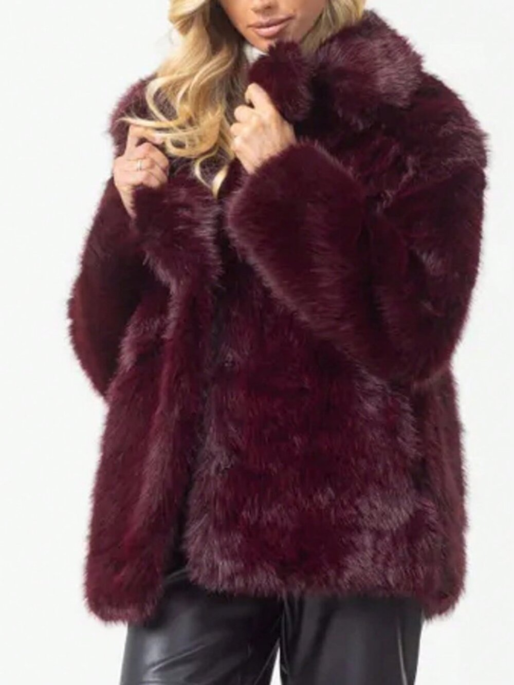 Burgundy Casual Women's Faux Fur teddy Warm Oversize Lapel Coat - Picture 4 of 10